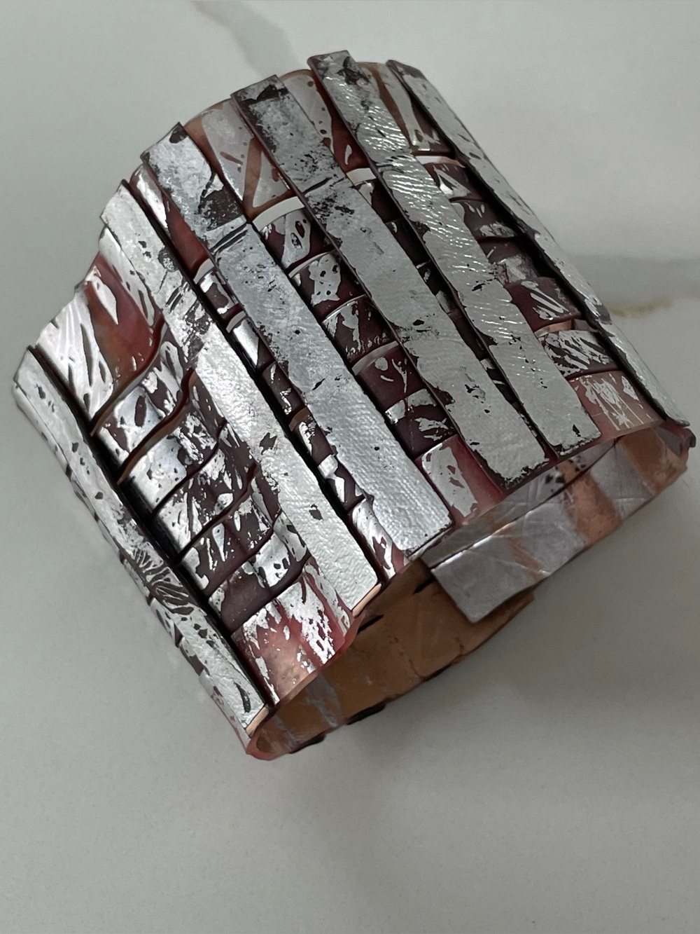 Distressed Metallic Silver Painted Leather Cuff Bracelet